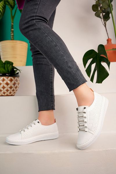 Nexs Pantofi sport de piatră, albi, perforați, cu șireturi