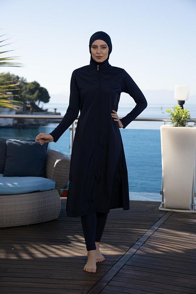 Estiva Women's Full Covered Long Zippered Plain Hijab Swimsuit