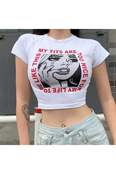 Toum Enya Jewelry Crying Girl Printed White Crop