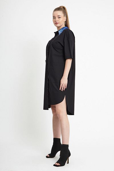 VERDA Asymmetrical Cut Cotton Plus Size Dress with Stone Collar