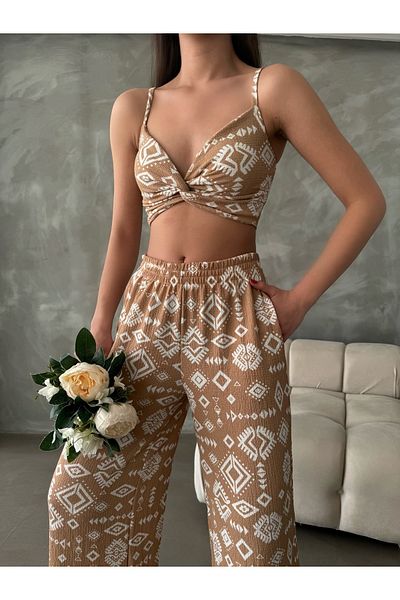 ubmbutik Women's Bottom Top Set - Wrinkled Fabric - Triple Kimono Set (Pants - Kimono - Bustier)
