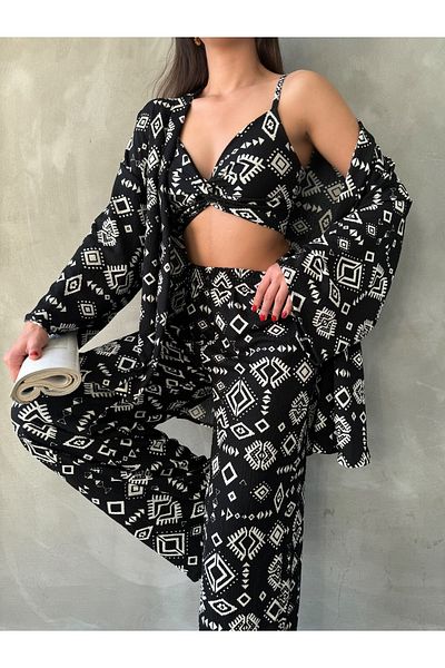 ubmbutik Set kimono pentru femei Burümcük Fabric - Set triplu (pantaloni-kimono-bustieră) pentru partea de sus și de jos