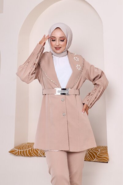 Zümrüt taş detaylı ceket ve pantolon , ikili tesettür abiye takım 3010