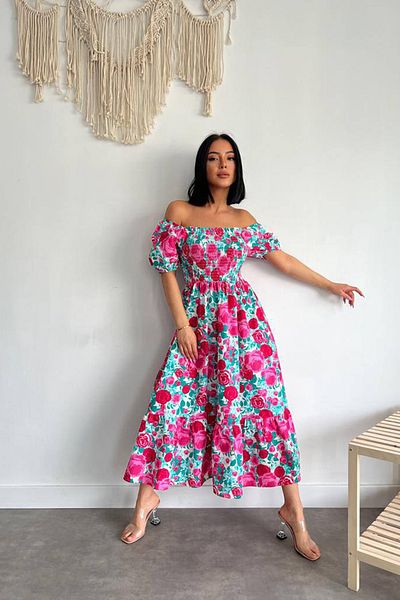 Neşeli Butik rochie de damă cu imprimeu popelin cu gât pătrat NBG011