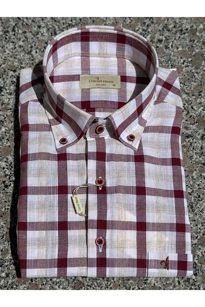 Daniel Bessi Plaid Patterned Button Collar Classic Cut Regular Fit Short Sleeve Cotton Men's Shirt with Pockets