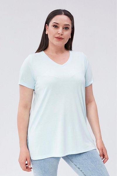 Seamoda Tricou de bază din bumbac cu decolteu în V de mărime mare-ALBASTRU DESCHIS