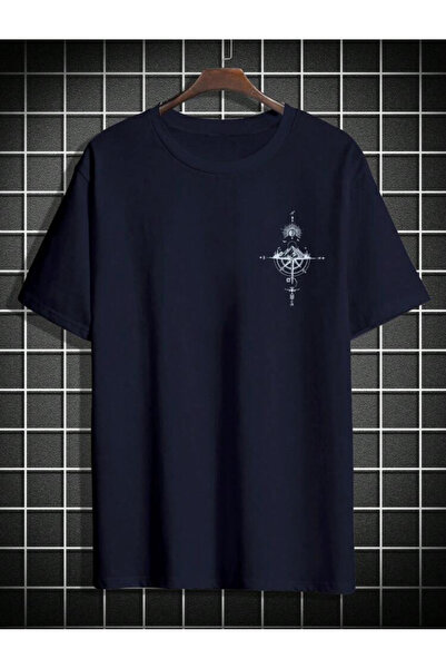 SELENA BUTİK Μπλουζάκι Unisex Navy Blue Compass Cotton Oversize