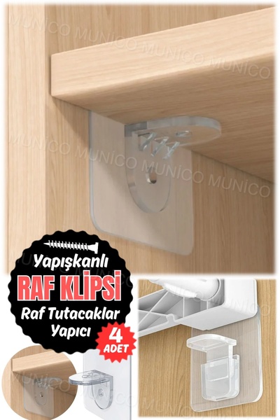 Munico 4 Adet Raf Destek Tutucular Duvara Monte Gardırop Raf Rafları Yapışkanlı Mandal Dolap Bölme Braketi