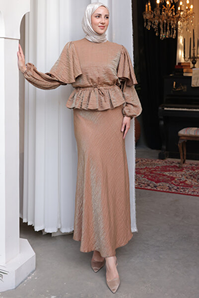 benguen Γυναικεία Σετ Φούστα με κορδόνι μέσης 2096 Camel