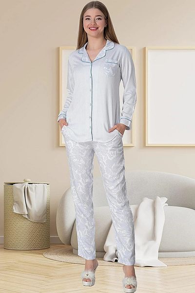 Mecit Pijama Set pijamale din bumbac pentru femei - guler de cămașă, nasturi de lungime și detalii de buzunar