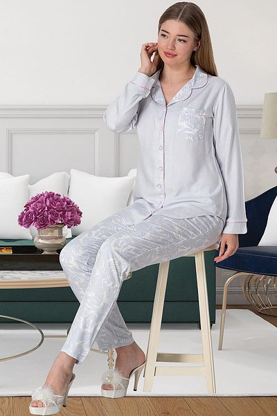 Mecit Pijama Βαμβακερό σετ γυναικείας πιτζάμα - γιακάς πουκάμισου με κουμπιά και λεπτομέρεια τσέπης