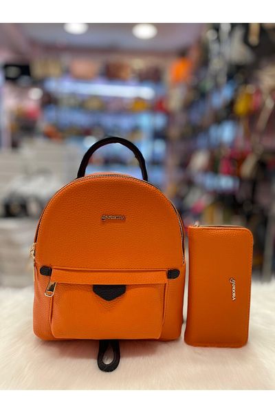 Pandora Bags Orange Midi Backpack and Wallet Set