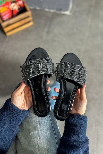 SHOEBELLAS Papuci de damă Data Black Tassel Stone Detailed