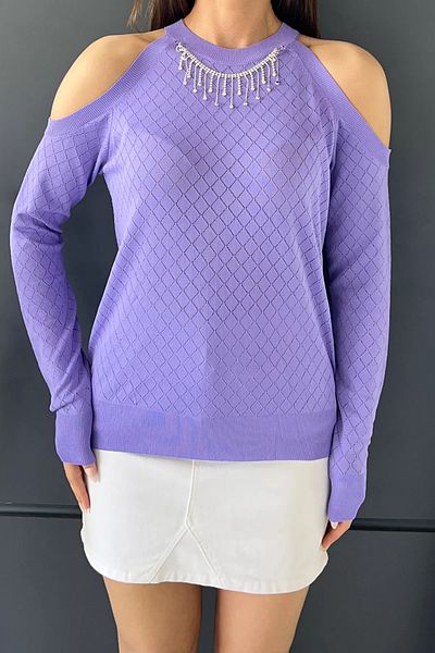GÜLSELİ Bluză de damă din tricot de piatră, cu umăr liliac, decoltat