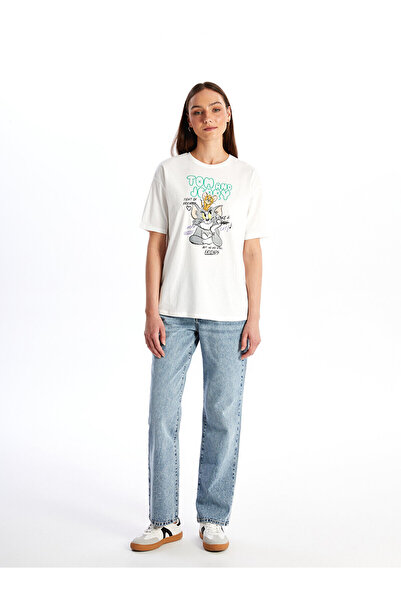 LC Waikiki Kurzärmliges Damen-T-Shirt mit Fahrradkragen und Tom&Jerry-Aufdruck