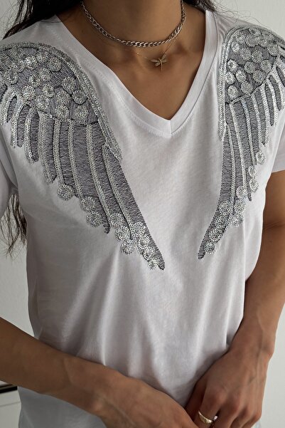 FEMELLE تي شيرت أبيض برقبة على شكل حرف V - تي شيرت نسائي من القطن بنسبة 100% ...