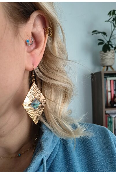 Bylin Takı Mother of Pearl Patterned Vintage Gold Earrings-1 Pair