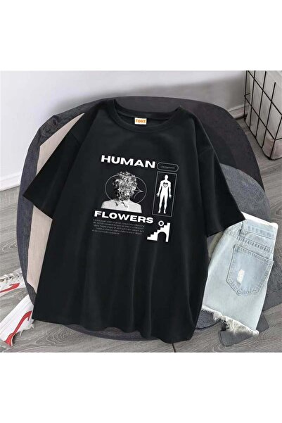 Toum Tricou supradimensionat unisex negru Damphaobi Human Flowers