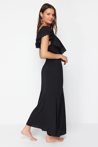 Trendyol Collection Černé maxi tkané plážové šaty s kravatou TBESS24EL00074