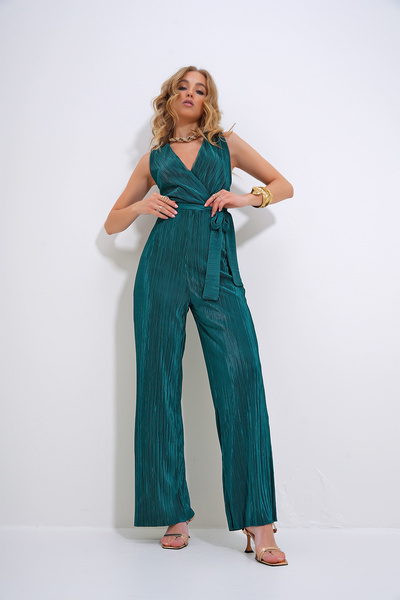 Trend Alaçatı Stili Zelená dámská kombinéza s dvouřadým límcem a páskem - Nízký střih na hrudi, skládaná ALC-X12193