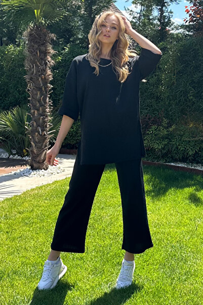 Trend Alaçatı Stili Női fekete hasított barát póló és nadrág interlock szett ALC-X12201