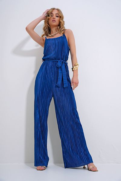 Trend Alaçatı Stili Women's Navy Blue Strappy Waist Belted Chest Low-cut Pleated Jumpsuit ALC-X12192