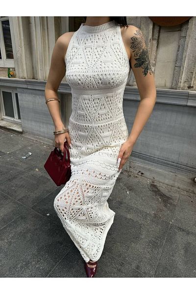 kenza'a Γυναικείο πλεκτό φόρεμα με λαιμόκοψη με διάτρητη γραμμή
