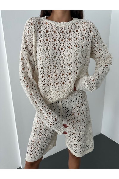 KENZA'A TRİKO Дамски комплект от ажурни блузи и къси панталони