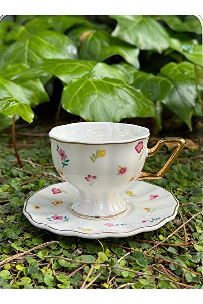 ACAR Camilla 6 kişilik beyaz çiçekli yaldızlı 180 nescafe & çay fincan takımı