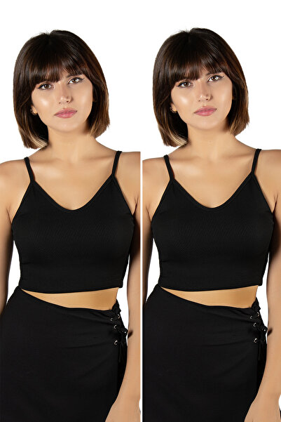 Terapi Men Pachet de 2 bluză crop top tricotată cu nervuri, cu bretele negre