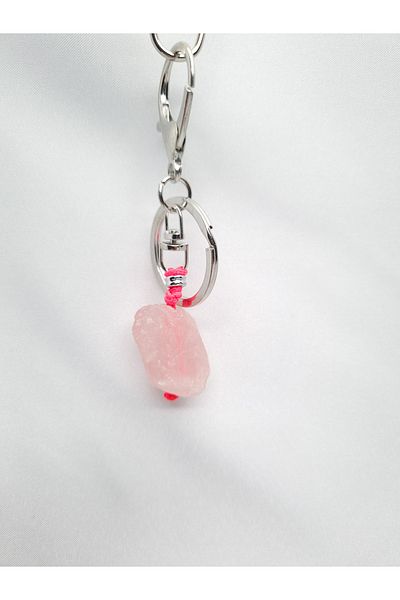 Yüksel Boncuk Pink Quartz Stone Natural Steel Keychain