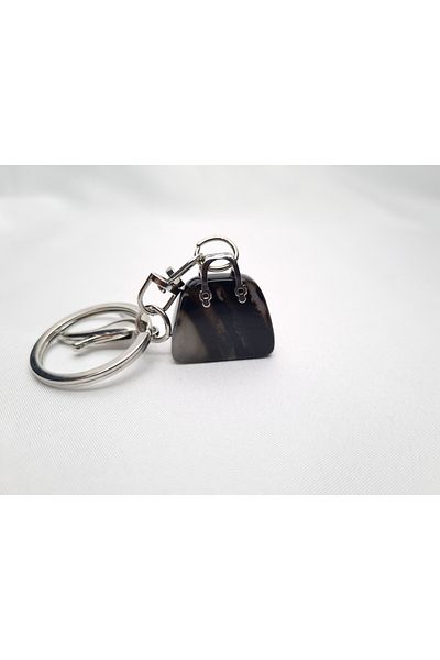 Yüksel Boncuk Black Agate Stone Bag Model Natural Steel Keychain