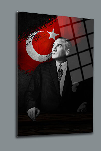 glassartdesign Pictură pe sticlă Ataturk 67-Pictură Ataturk-Pictură cu steagu...