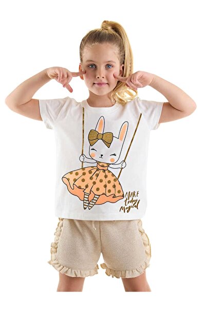 Denokids Devojčice Srećni Zec Majica Sa šljokicama Set Kratkih Hlača CFF-24Y1...