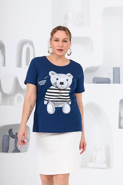 RMG Large Size Indigo T-Shirt - Teddy Bear Printed