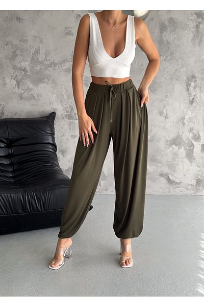 BE CHİC Women's Baggy Trousers with High Waist Pockets and Drawstring Detail - Comfortable Fit, Loose MNN9876