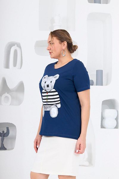RMG Large Size Indigo T-Shirt - Teddy Bear Printed