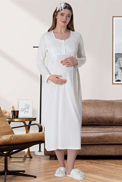 Mecit Pijama 4'Lü Dantel Sabahlıklı Gecelik Pijama Lohusa Set %75 Pamuk %25 Viskon (Kutulu )