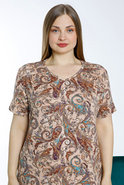 Lagertha by İntensive patterned short sleeve plus size viscose nightgown