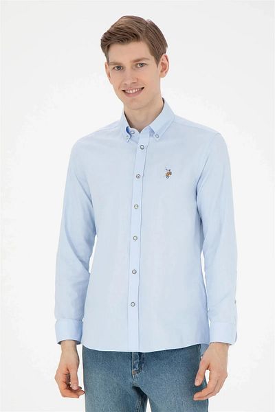 U.S. Polo Assn. Cămașă de bază cu mânecă lungă albastru deschis pentru bărbați U.S. POLO