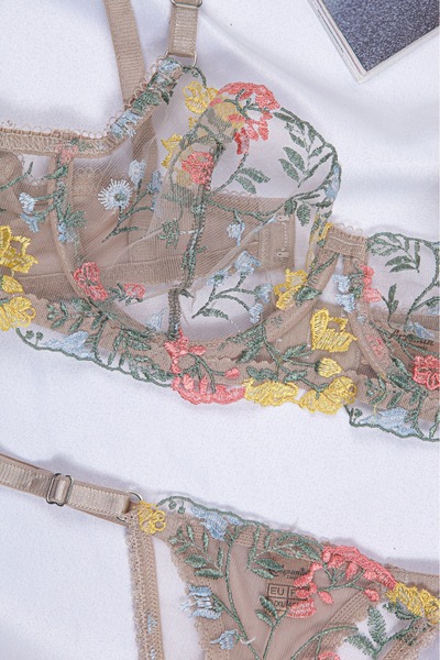 NUİTAMORE Nuitamore Skin Color, Floral Embroidery Embroidered Brode Bra Set.