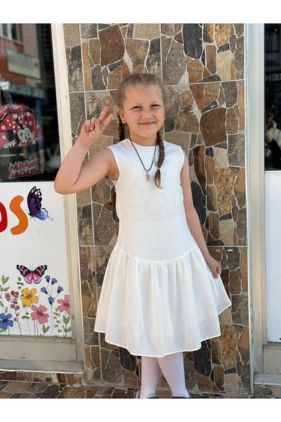 LOME GİRLS Girl's Sleeveless White Dress 6070