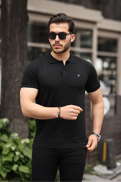 COMBİNE MİCHAİL تيشيرت رجالي أسود بياقة بولو بقصة ضيقة - 100% قطن