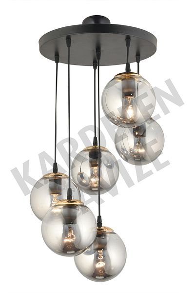 SONSUZ AYDINLATMA&AVİZE Black 6-Piece Smoke Ball - Glass Downward Facing Luxury Chandelier