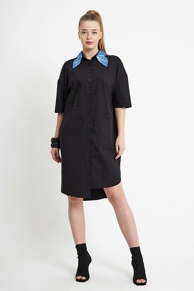 VERDA Asymmetrical Cut Cotton Plus Size Dress with Stone Collar