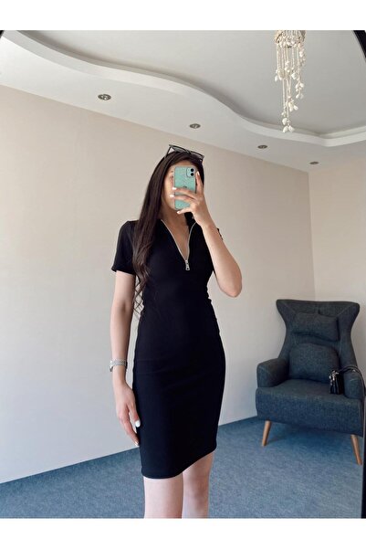 Siyah Polo Yaka Fermuarlı Mini Elbise