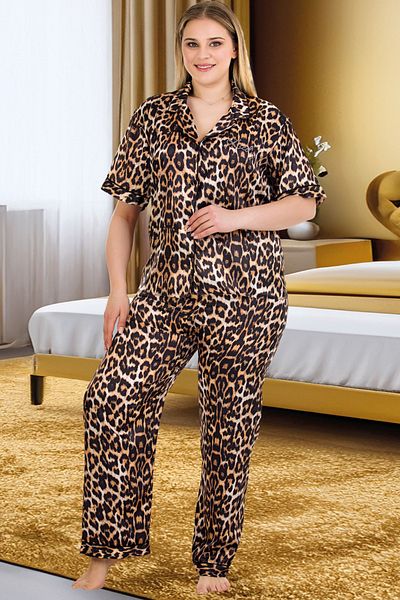 Jenny Daphne Leopard Patterned Battal Size Satin Long Pajama Set 16151
