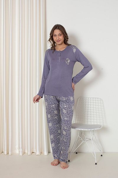 KAPİTEX Set de pijamale cu mânecă lungă cu imprimeu floral albastru - guler cu 3 nasturi