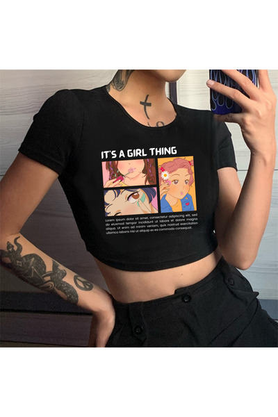 Toum Morera Butik It's A Girl Thing Crop negru cu imprimeu