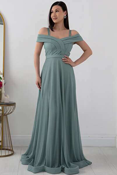 PULLIMM Μακρύ βραδινό φόρεμα ασημί τούλι - Μοντέλο με λουράκι 13278